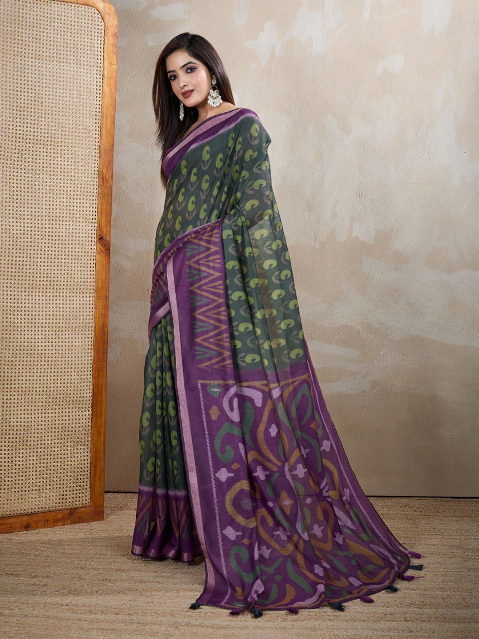 Dark Green & Purple Ikat Printed Chanderi Saree