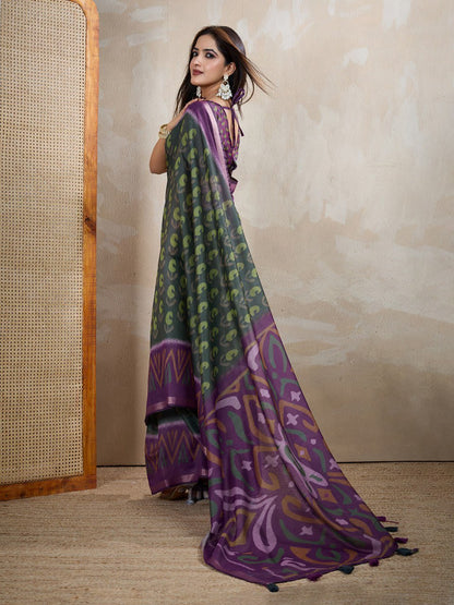 Dark Green & Purple Ikat Printed Chanderi Saree