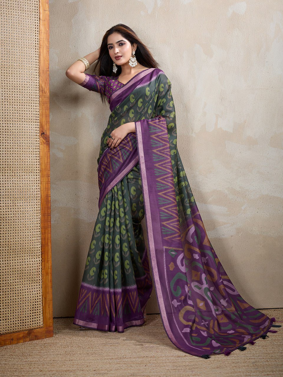 Dark Green & Purple Ikat Printed Chanderi Saree