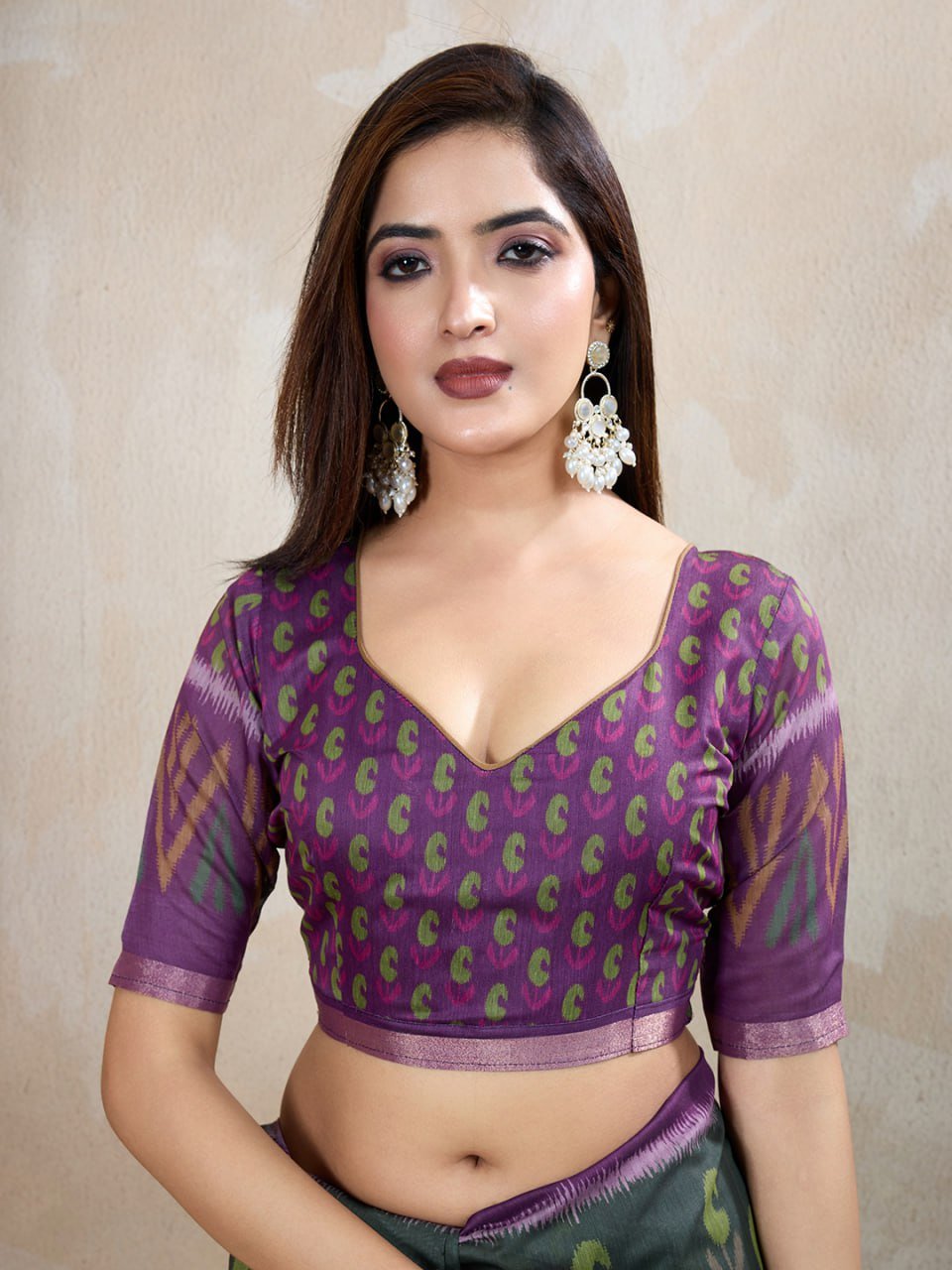 Dark Green & Purple Ikat Printed Chanderi Saree