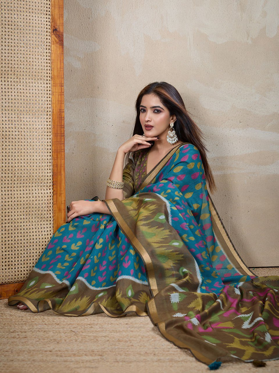 Teal Blue & Olive Green Ikat Printed Chanderi Saree