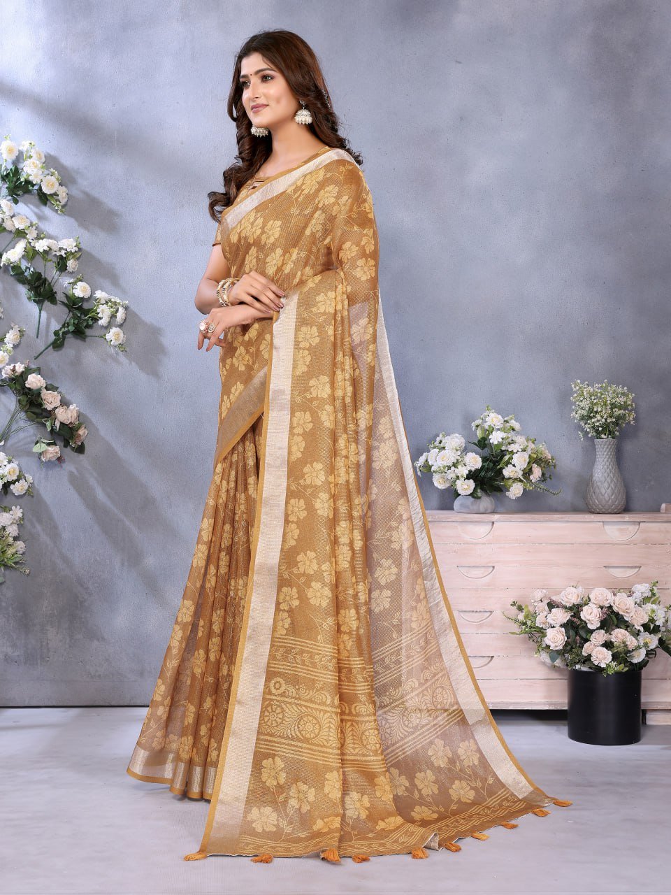 Golden Floral Woven Saree