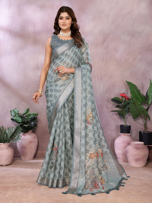 Greyish Blue Woven Floral Saree