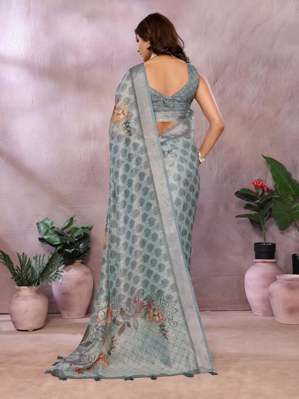Greyish Blue Woven Floral Saree