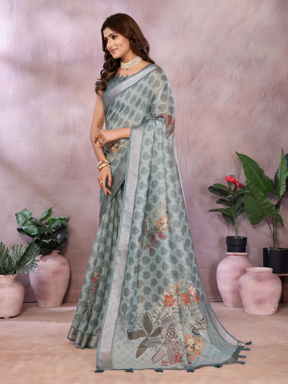 Greyish Blue Woven Floral Saree