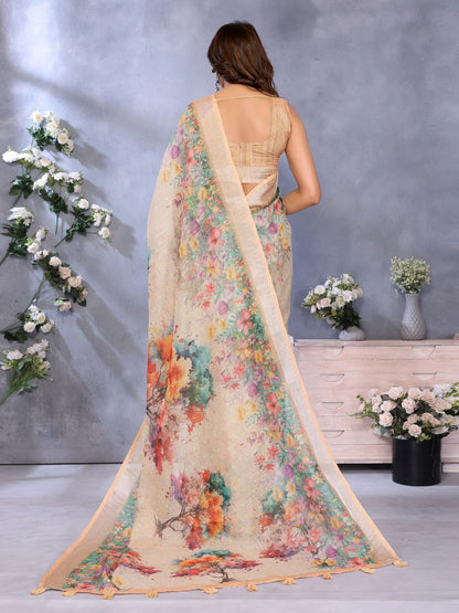 Beige Multicolor Floral Printed Saree