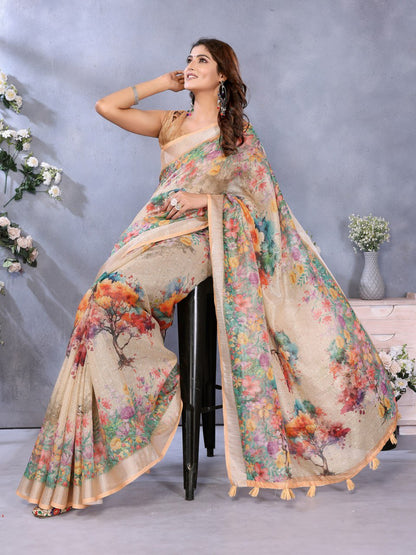 Beige Multicolor Floral Printed Saree
