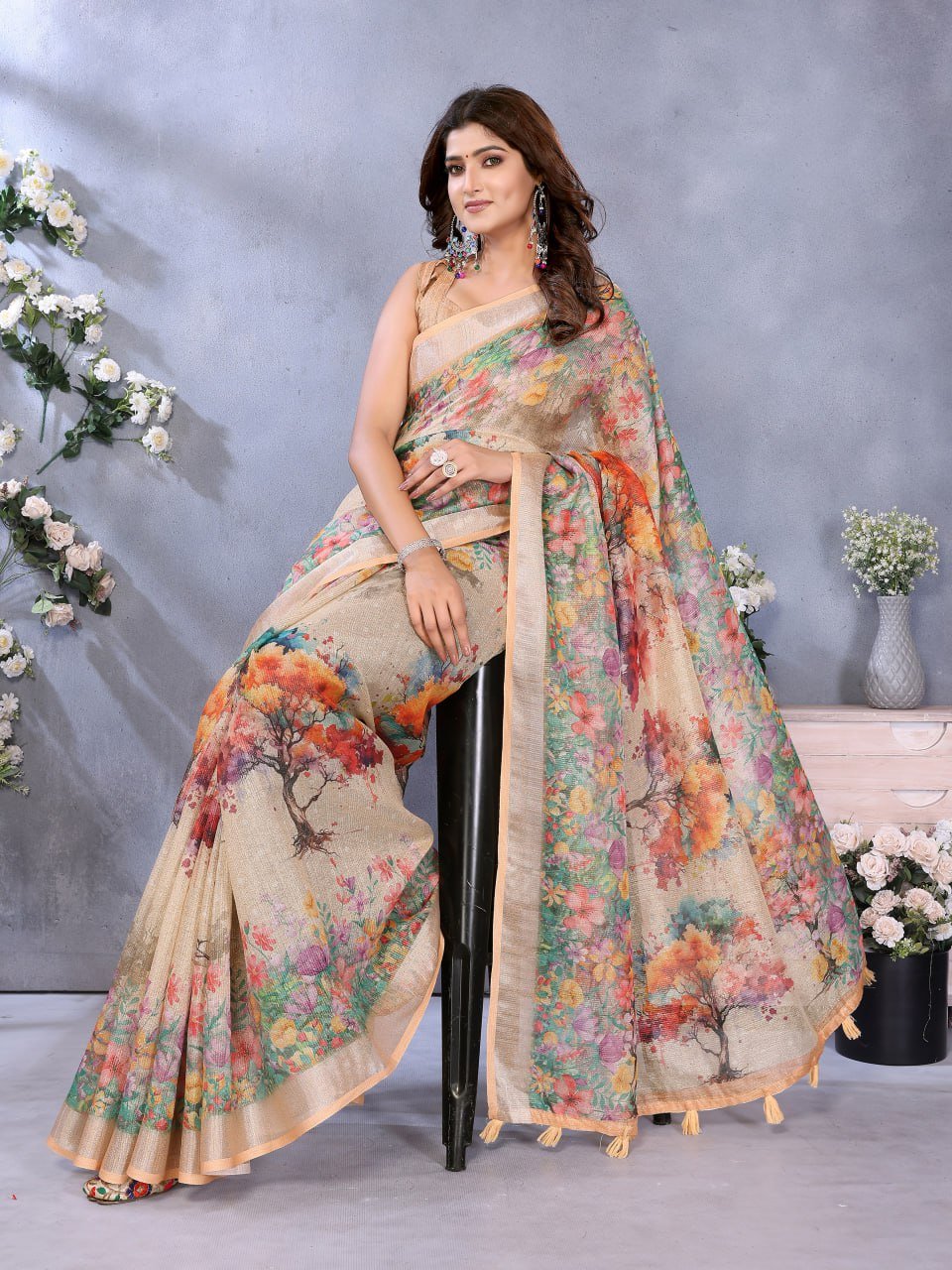 Beige Multicolor Floral Printed Saree
