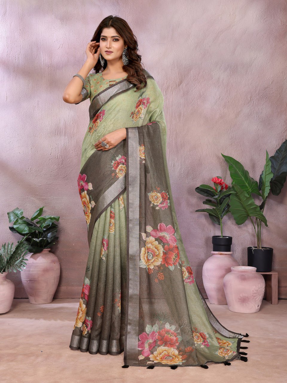 Olive Green & Black Floral Printed Saree