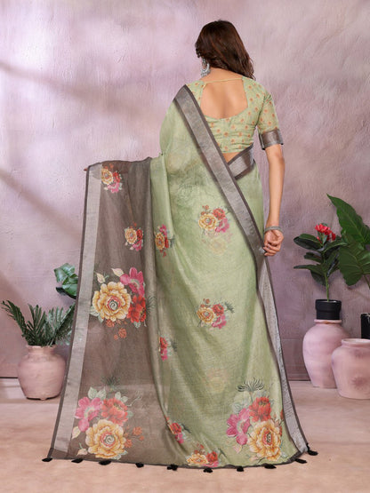 Olive Green & Black Floral Printed Saree