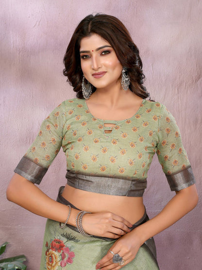 Olive Green & Black Floral Printed Saree