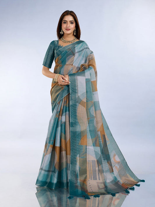Teal Geometric Printed Saree