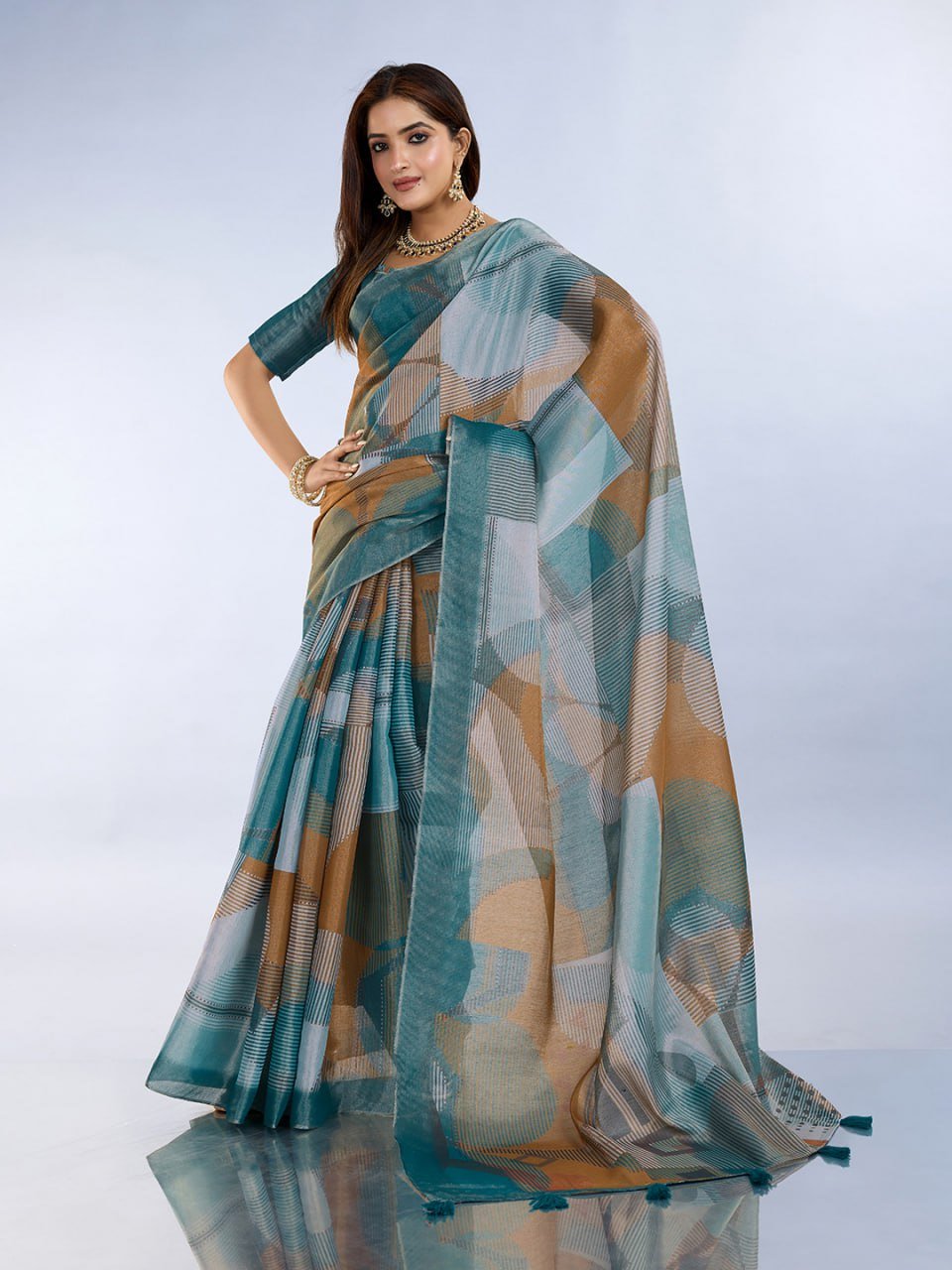 Teal Geometric Printed Saree
