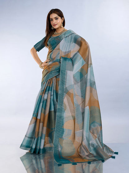 Teal Geometric Printed Saree
