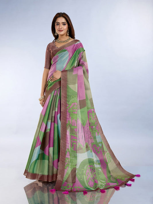 Green & Pink Abstract Printed Saree