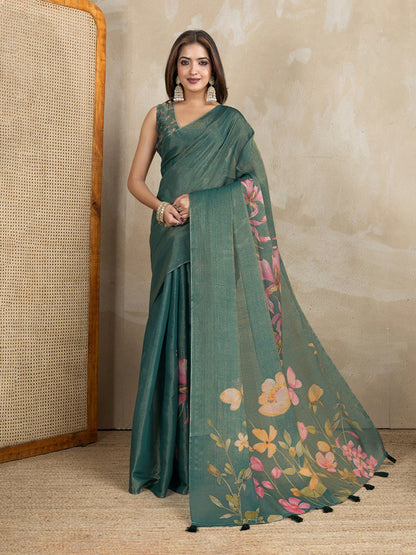 Teal Green Floral Printed Erode Anmol Silk Saree