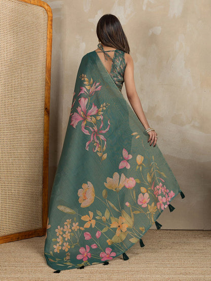 Teal Green Floral Printed Erode Anmol Silk Saree