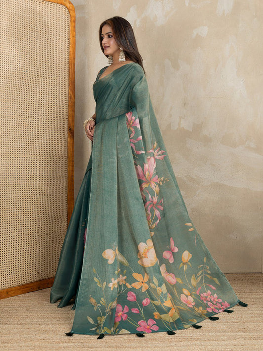Teal Green Floral Printed Erode Anmol Silk Saree