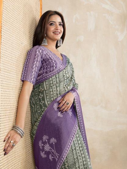 Stylish Purple & Green Printed Silk Saree