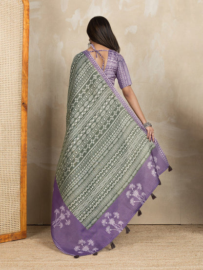 Stylish Purple & Green Printed Silk Saree
