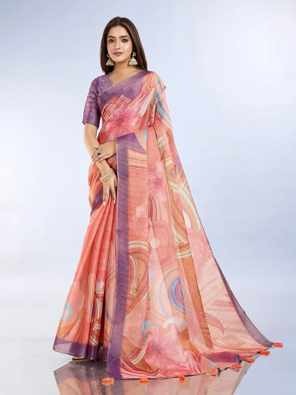 Coral & Lavender Abstract Erode Anmol Silk Saree