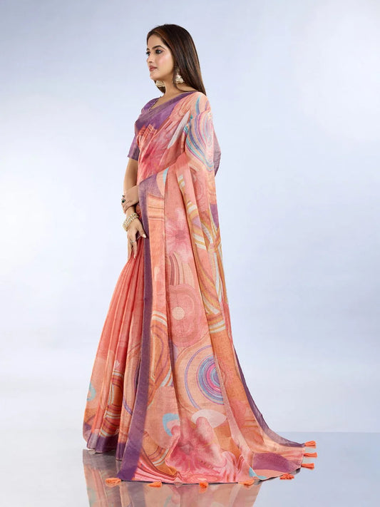 Coral & Lavender Abstract Erode Anmol Silk Saree