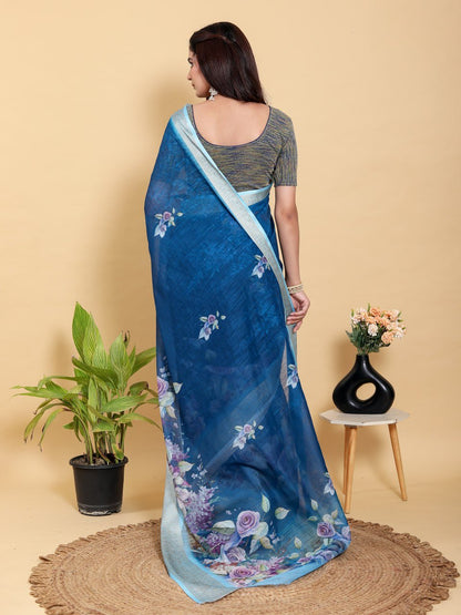 Deep Blue Floral Print Linen Cotton Saree