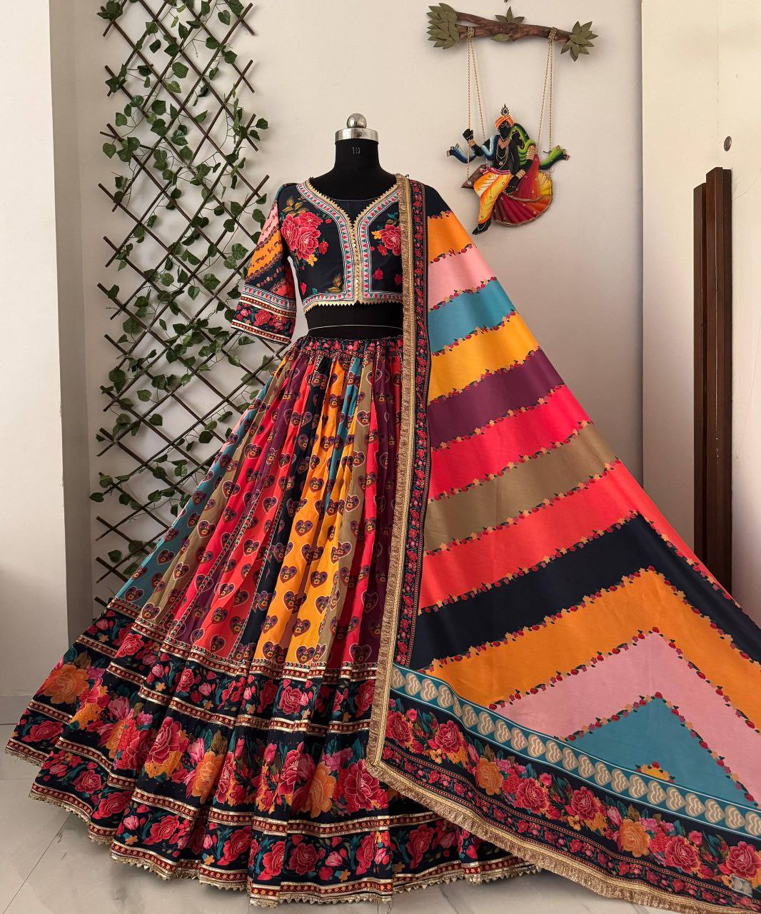 Heavy Muslin Cotton Digital Print Lehenga Choli Set with Gota Patti Lace