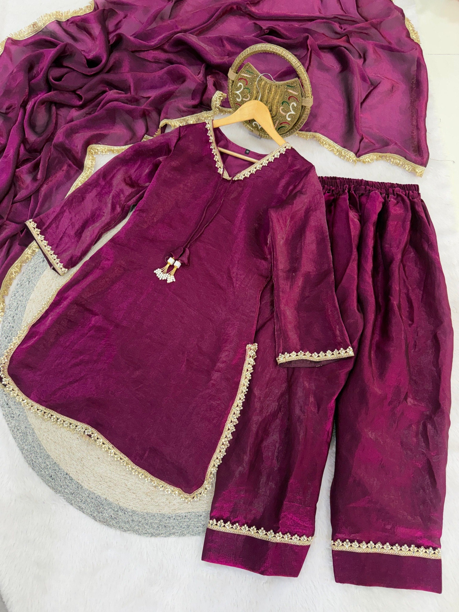 Designer Fendi Satin Mirror & Moti Work Plazo Set with Dupatta