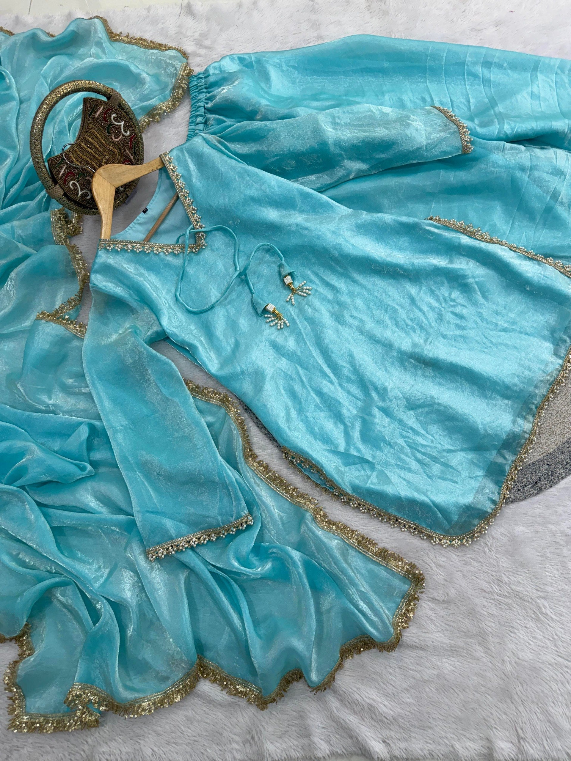 Designer Fendi Satin Mirror & Moti Work Plazo Set with Dupatta