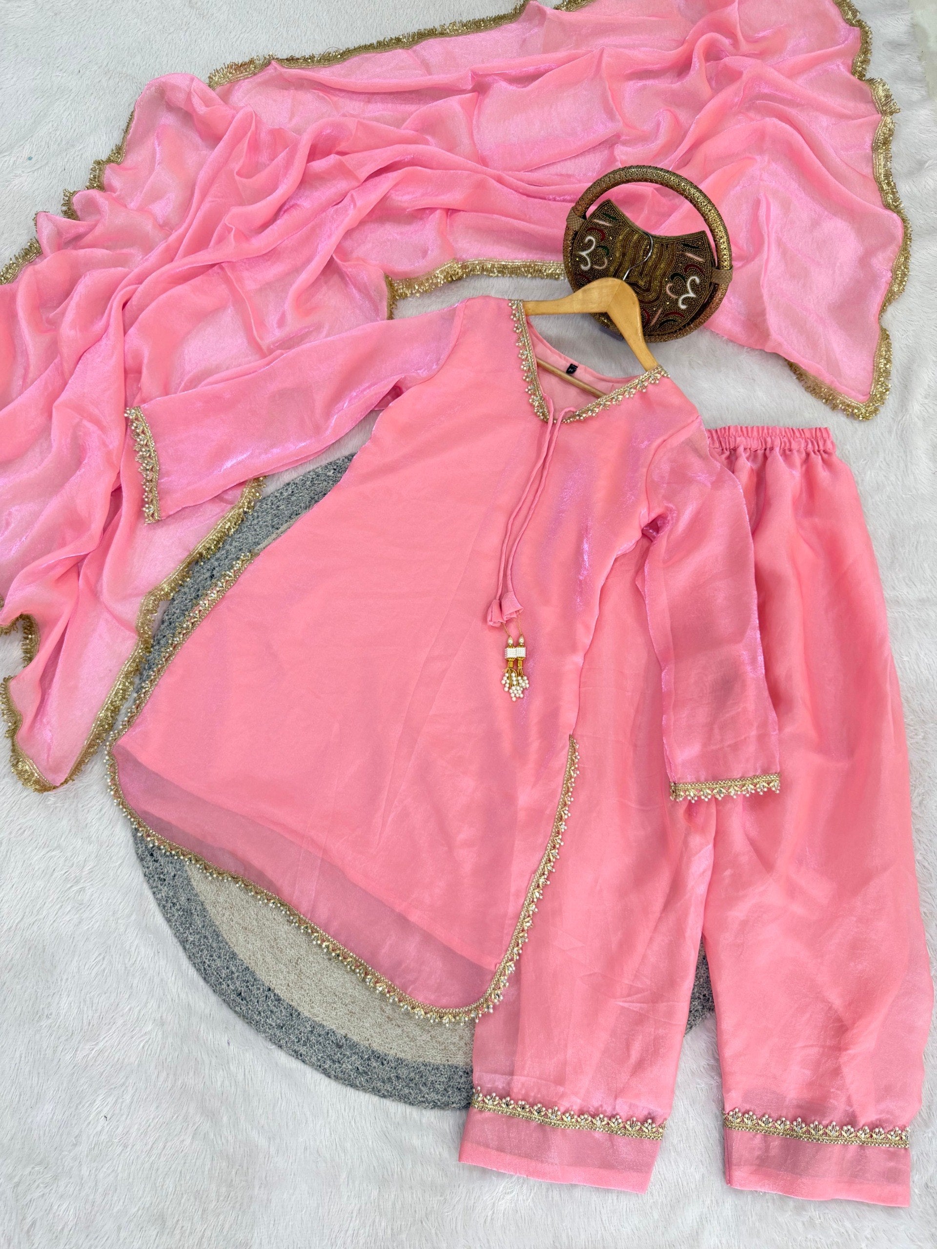 Designer Fendi Satin Mirror & Moti Work Plazo Set with Dupatta