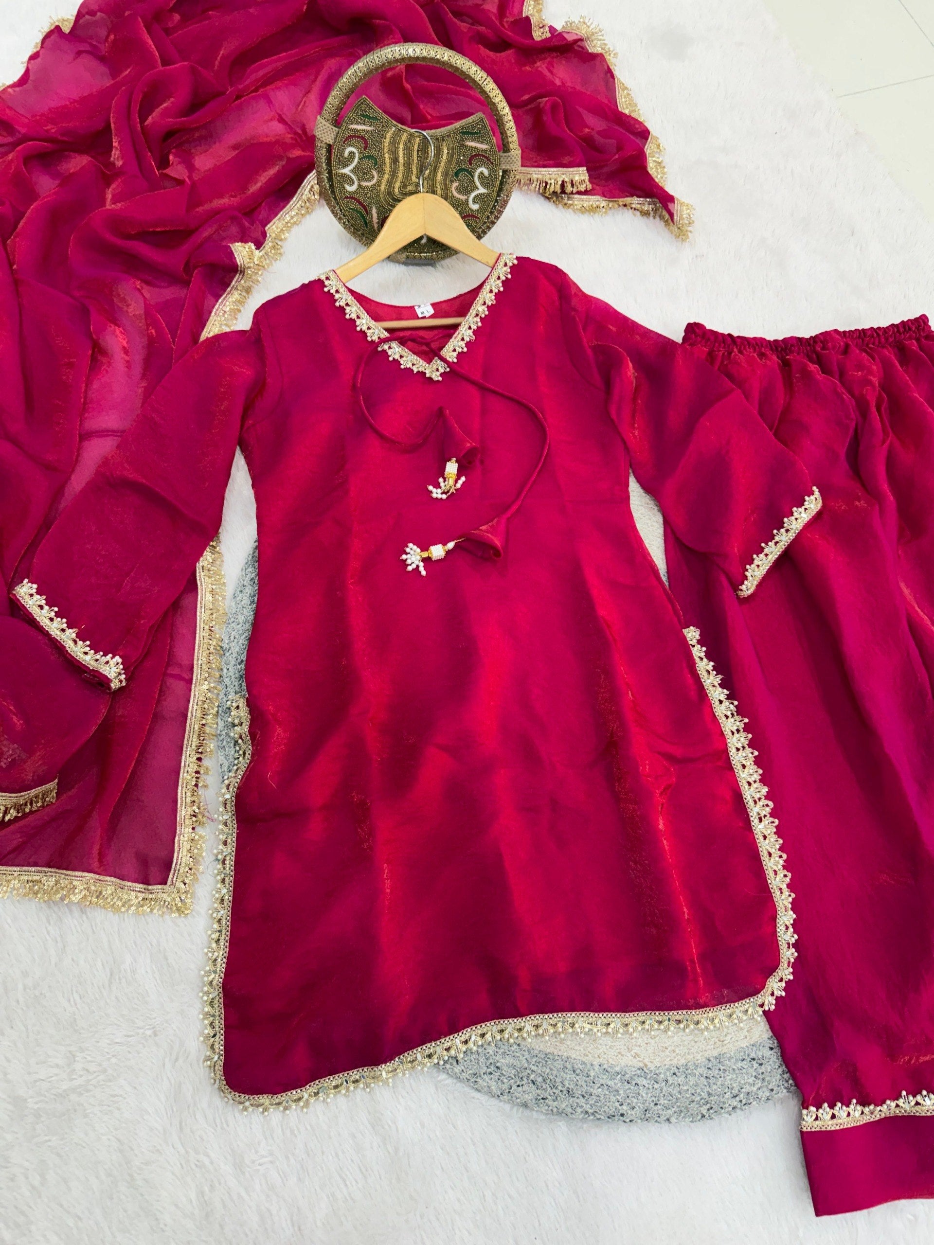 Designer Fendi Satin Mirror & Moti Work Plazo Set with Dupatta