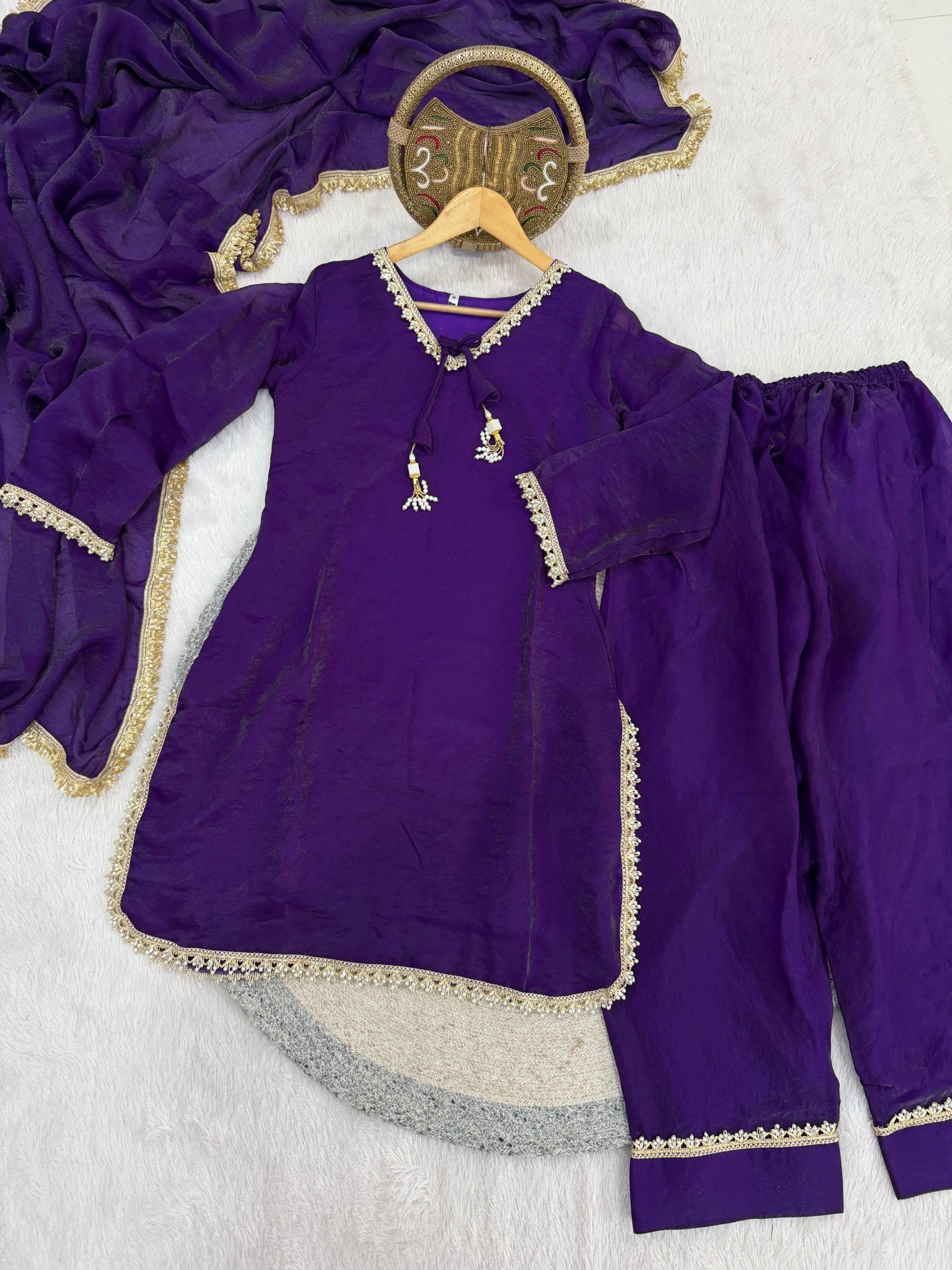 Designer Fendi Satin Mirror & Moti Work Plazo Set with Dupatta