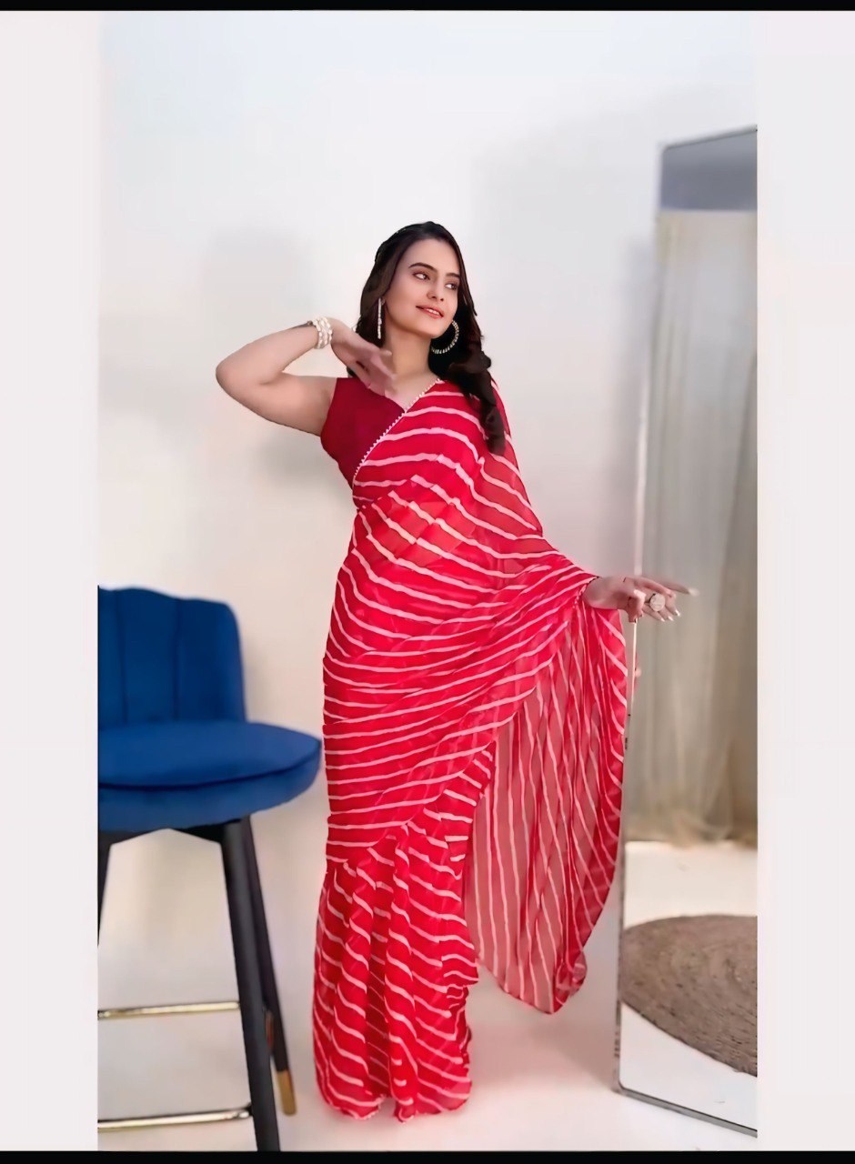 Red Printed Georgette Ready-to-Wear Saree