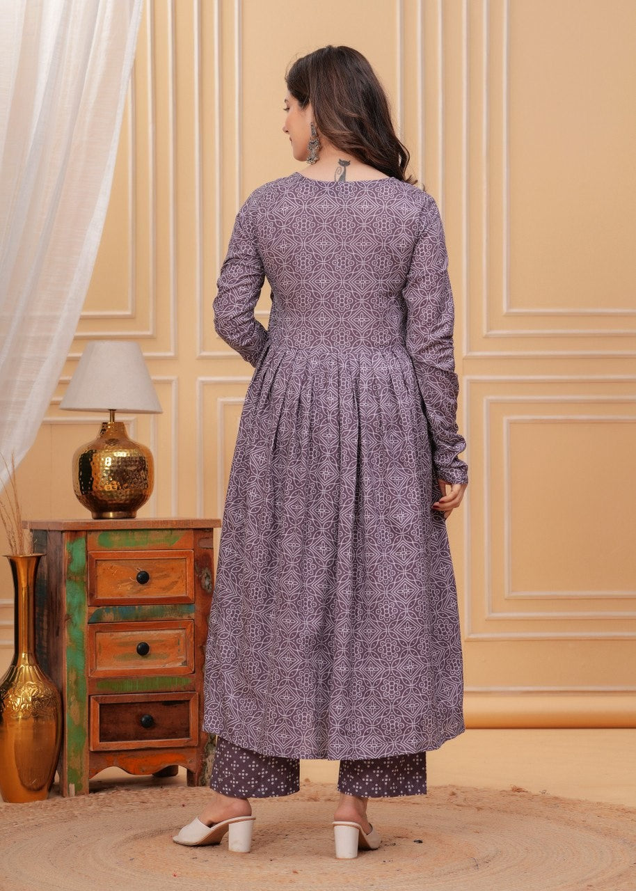 “Mulberry Smoke” Rayon Printed Kurti Pant Dupatta Set