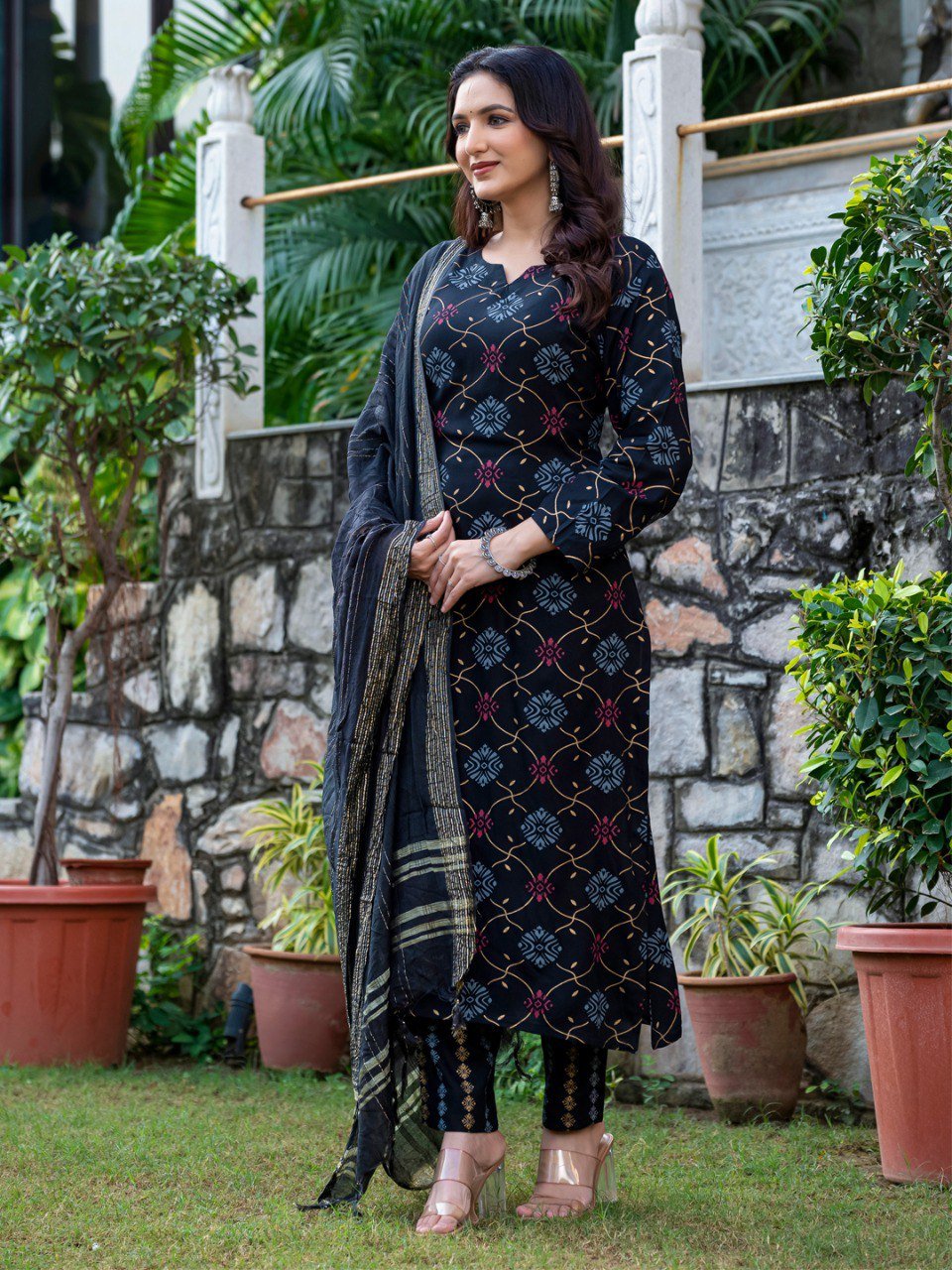 Fully Stitched Rayon BLACK Kurti Pant Dupatta Set