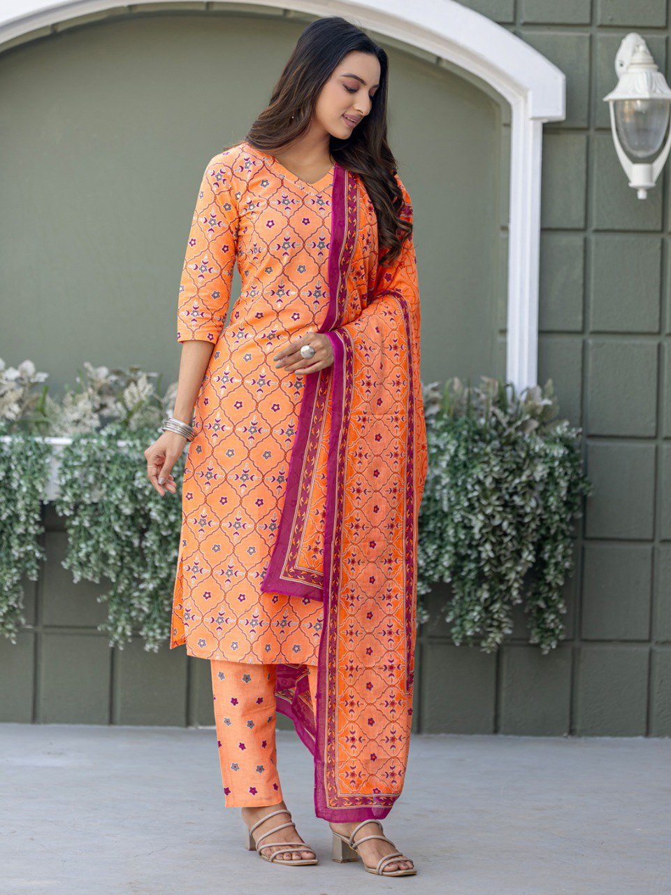 Fully Stitched Cotton Kurti Pant Dupatta Set in a charming Coral shade