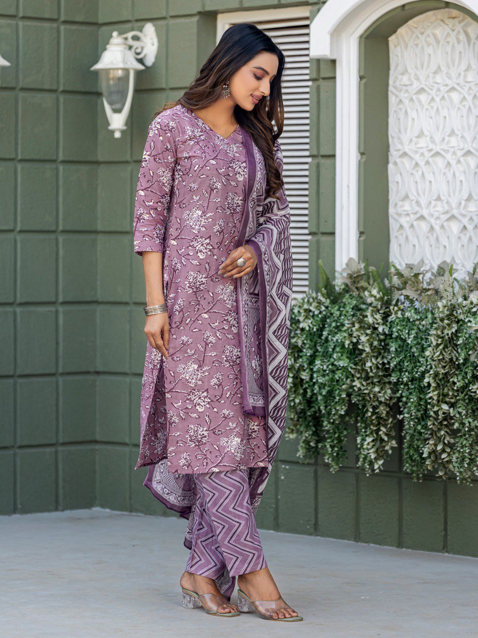 Fully Stitched Cotton Kurti Pant Dupatta Set in a soothing Lavender shade