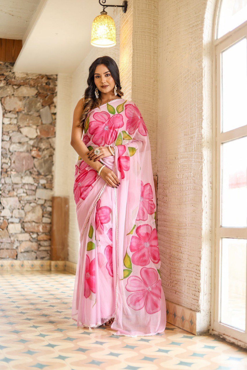 Blush Charm Pink Georgette Ready-to-Wear Saree