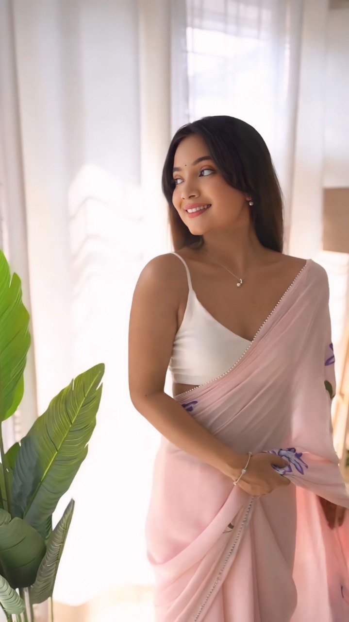 Pink Printed Georgette Ready-to-Wear Saree Set