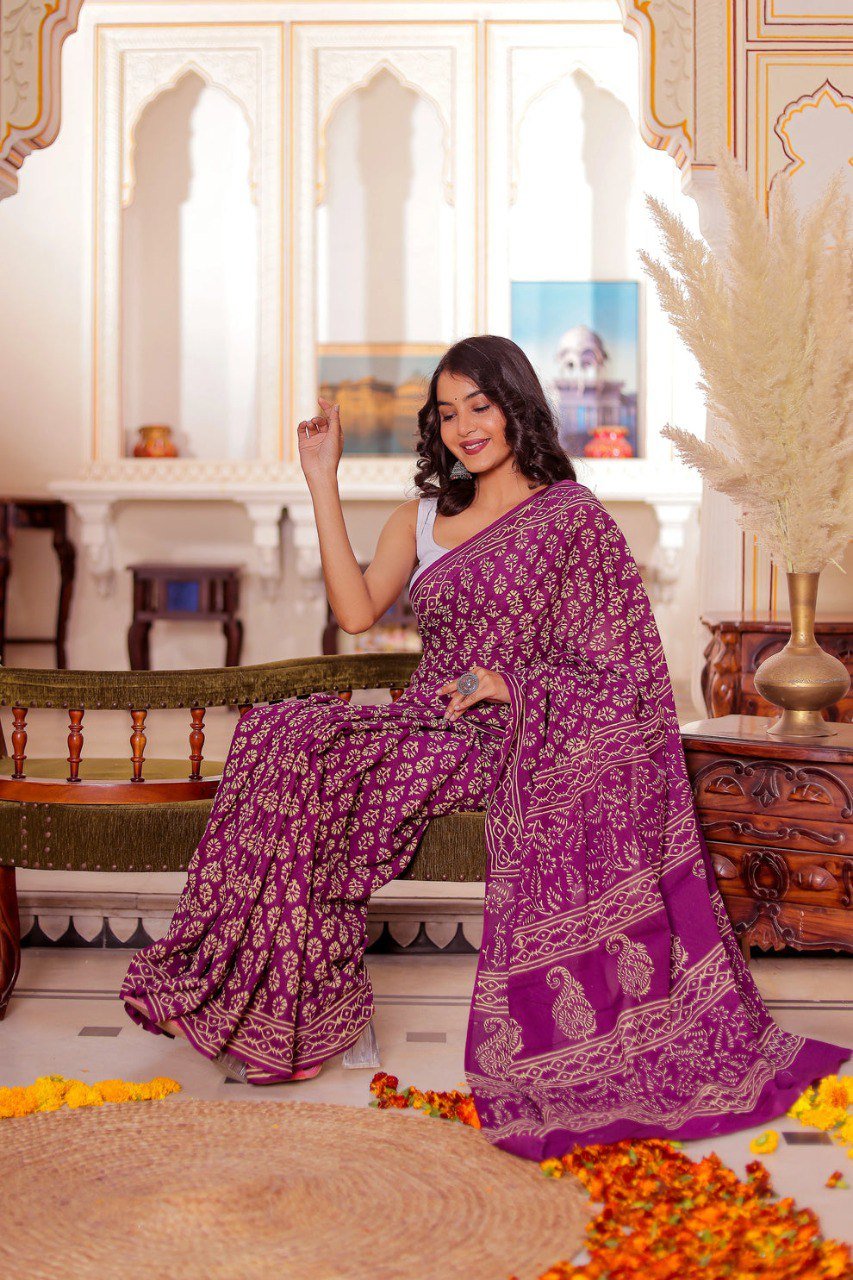 Purple Printed Cotton Ready-to-Wear Saree with White Unstitched Blouse