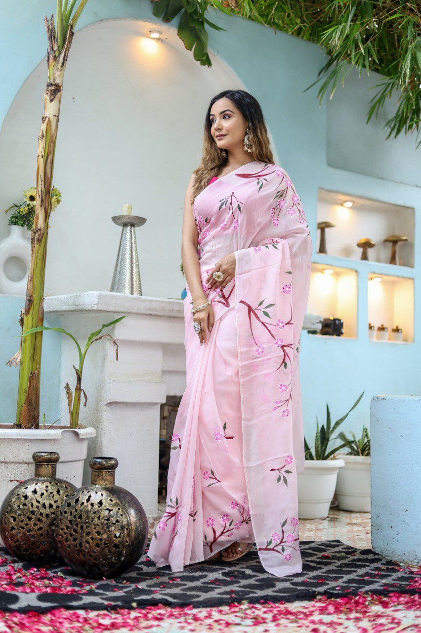 Pink Georgette Printed Ready-to-Wear Saree with Red Unstitched Blouse