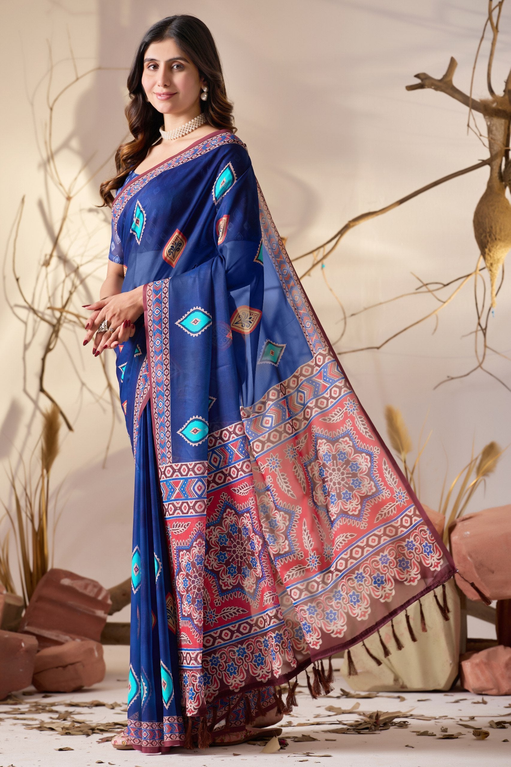 Royal Blue Geometric Elegance Soft Georgette Saree