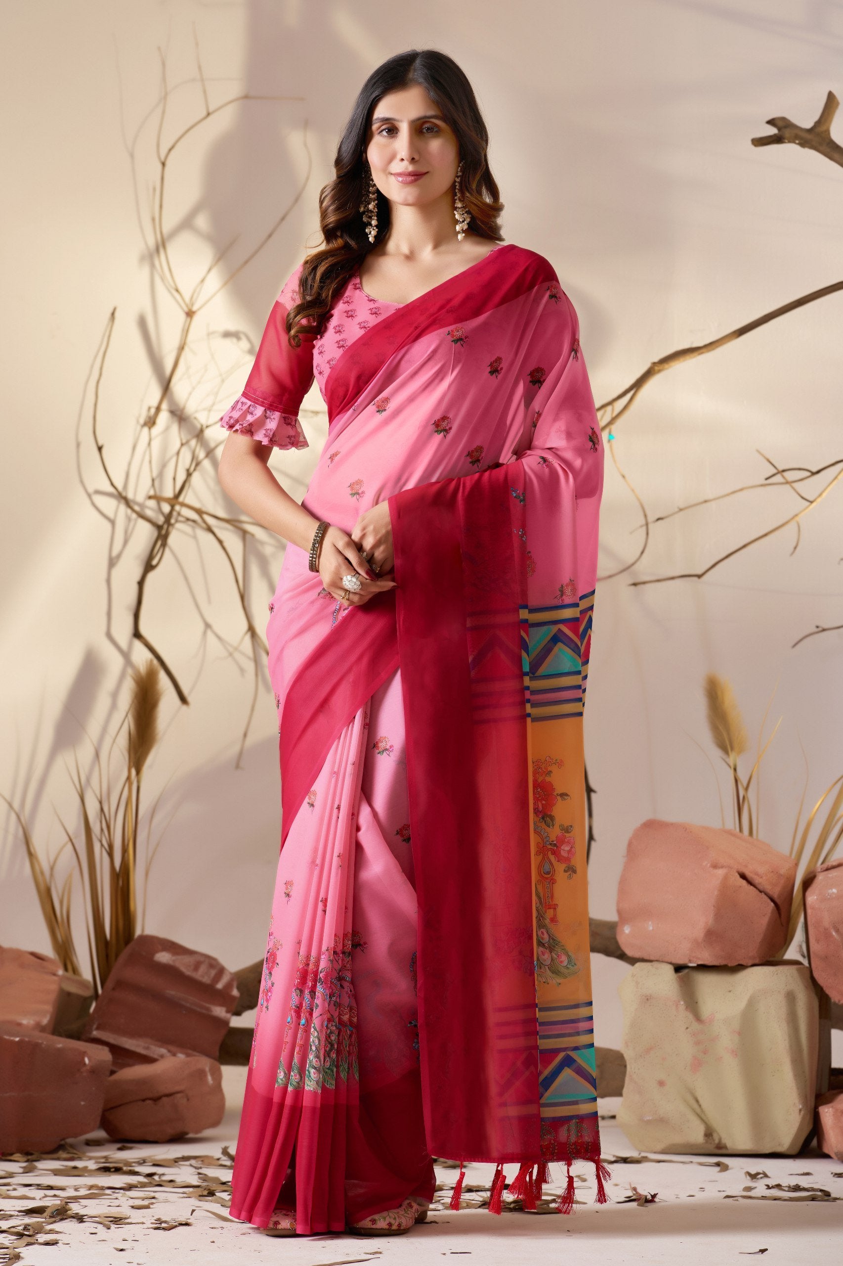 Rose Harmony Soft Georgette Dual Pink Saree