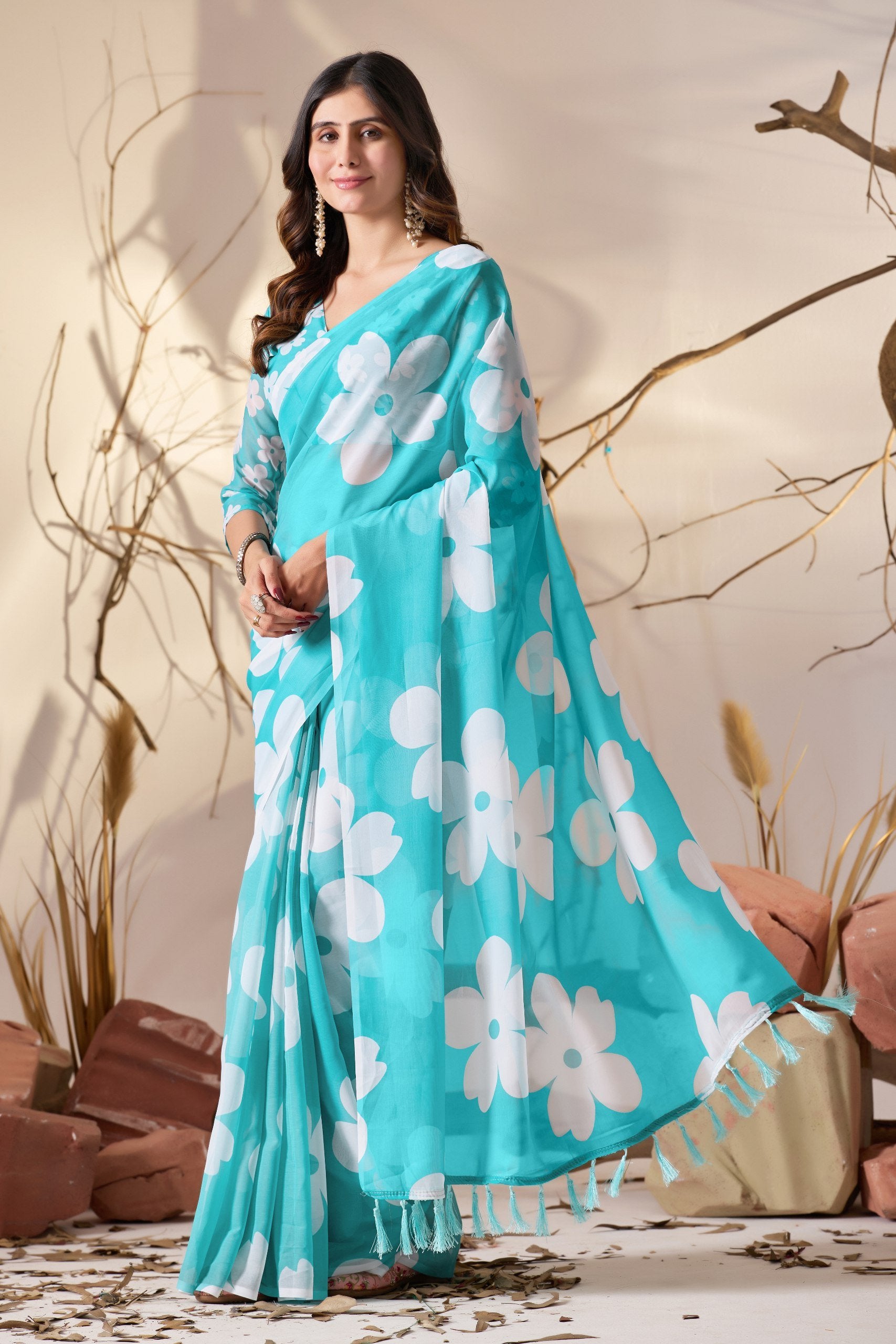 Aqua Bloom Soft Georgette Floral Saree