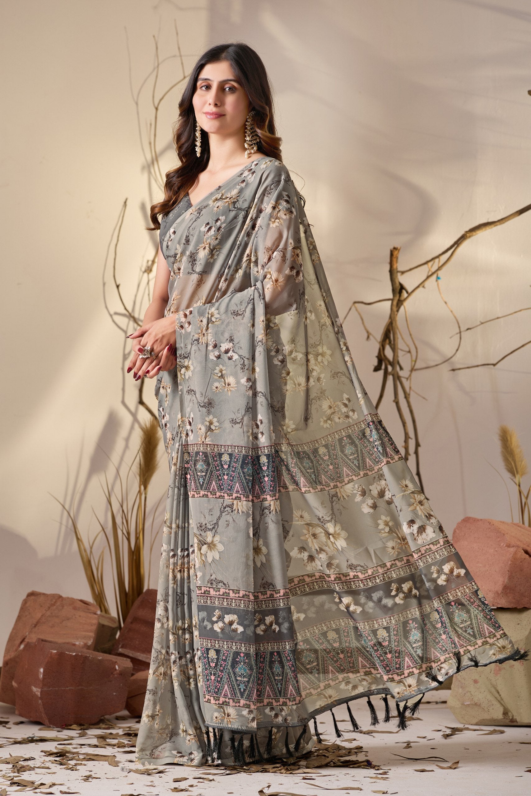 Misty Grey Tribal Bloom Soft Georgette Saree
