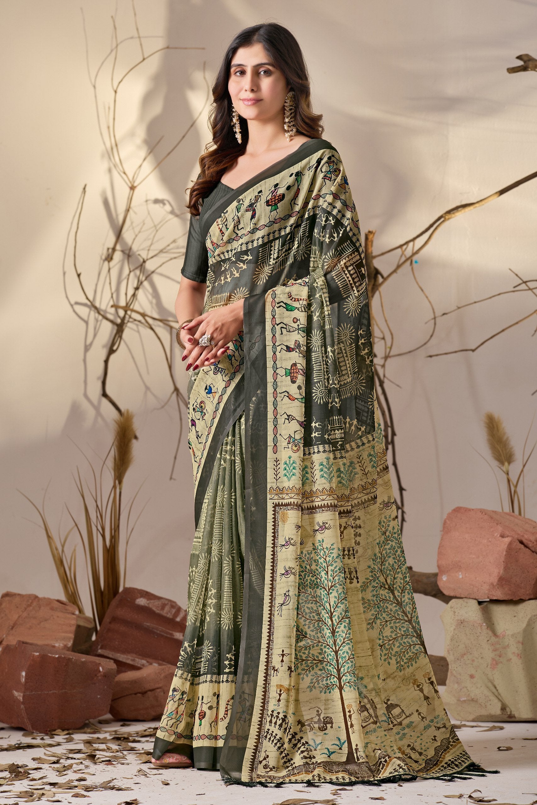 Olive Warli Heritage Soft Georgette Saree