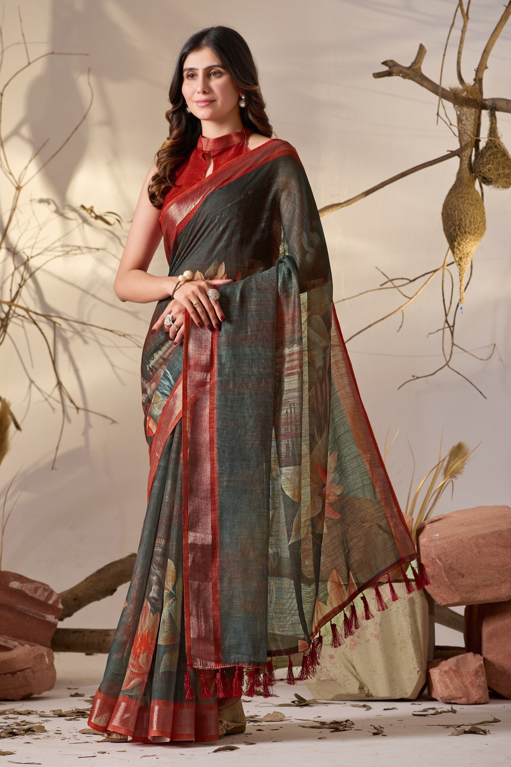Rustic Elegance Dark Floral Linen Cotton Saree