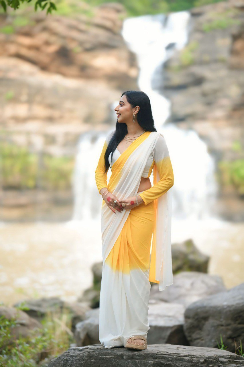 Sunshine Bloom Yellow–White Georgette Printed Saree