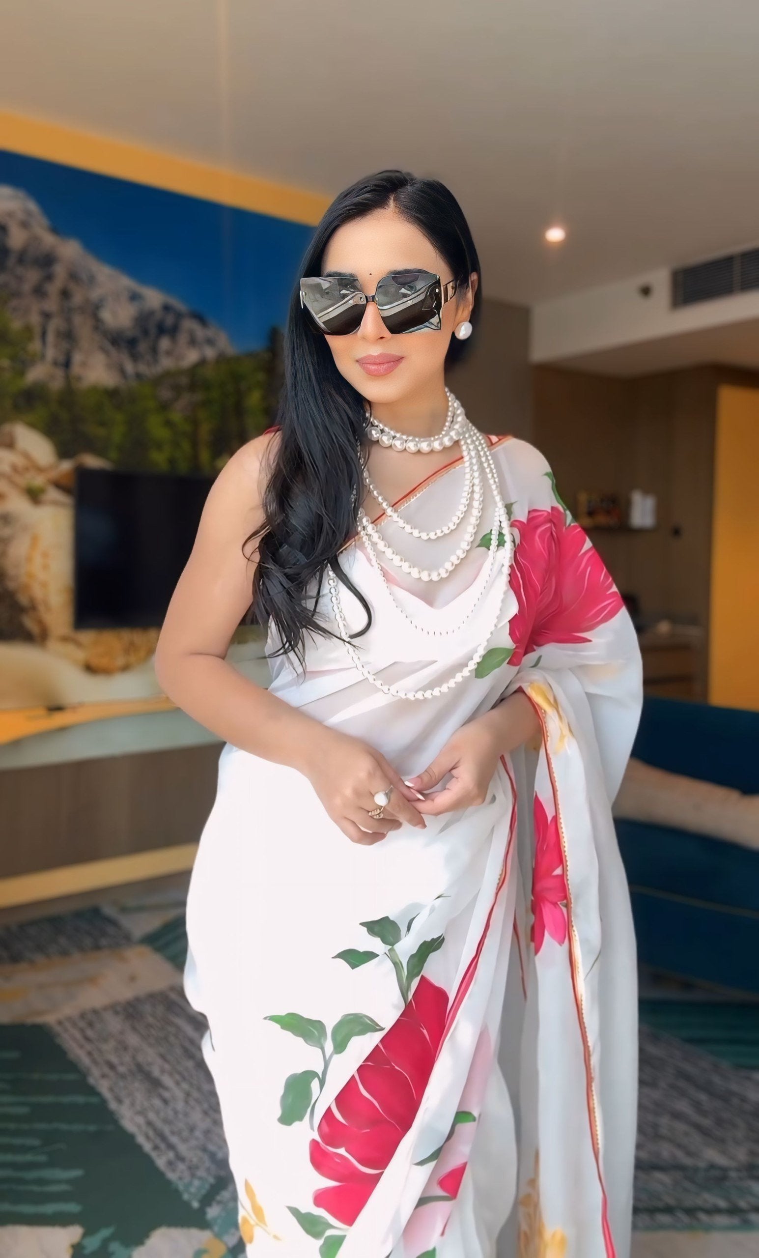 Elegant White Georgette Printed Saree